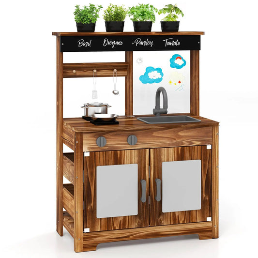 Mud Kitchen Fir Wood Play Kitchen with 4 Pots, sink & stove, natural wood DirectDeals on Tampa Home & Garden Store