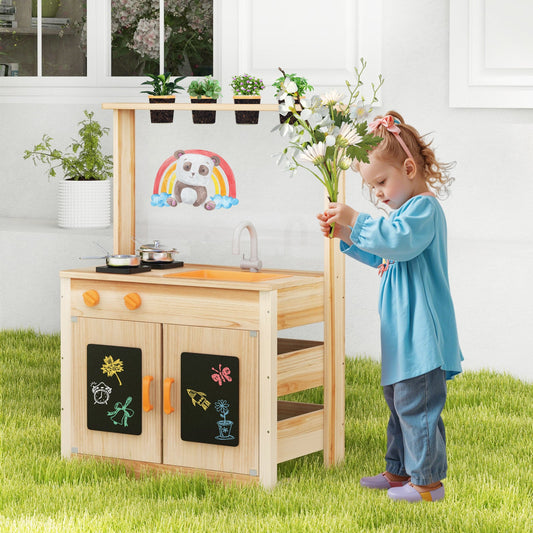 Kids Mud Kitchen Fir Wood Playset with Planting Pots and Blackboards-Natural - Tampa Home & Garden Store