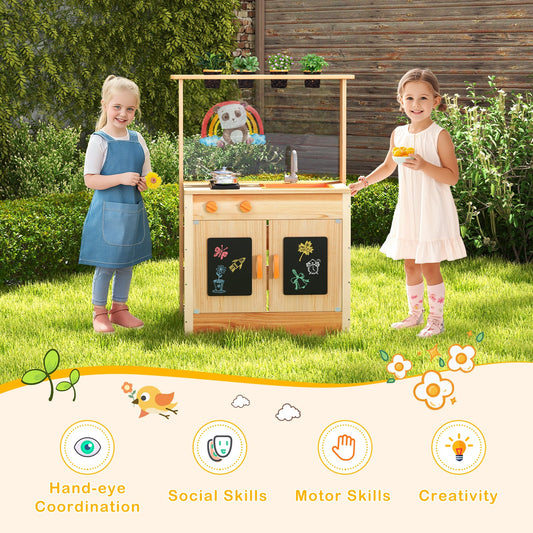 Kids Mud Kitchen Fir Wood Playset with Planting Pots and Blackboards-Natural - Tampa Home & Garden Store