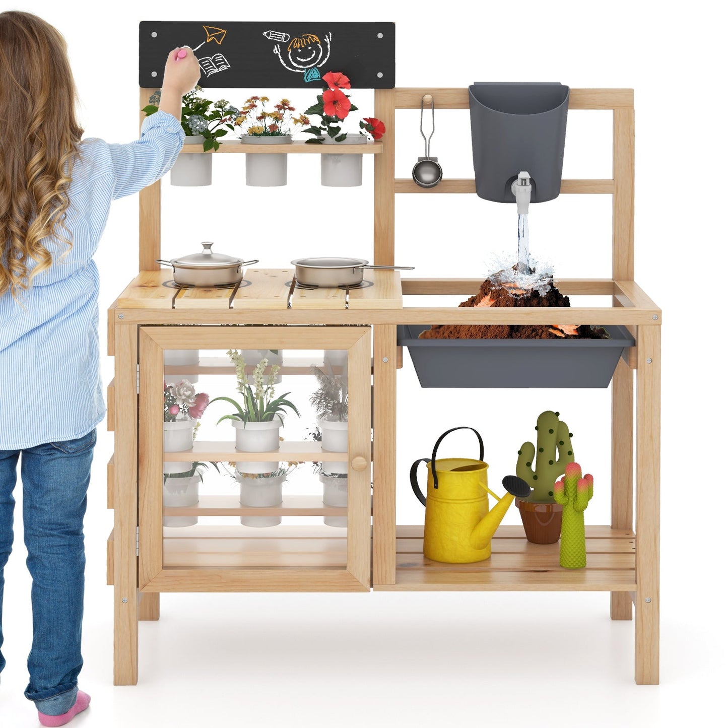 Mud Kitchen Playset with Sink and Plants Observation Room-Natural