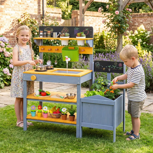 Mud Kitchen Play Set with running water and dual burners; blue and yellow kitchen for two kids on Tampa Home & Garden Store