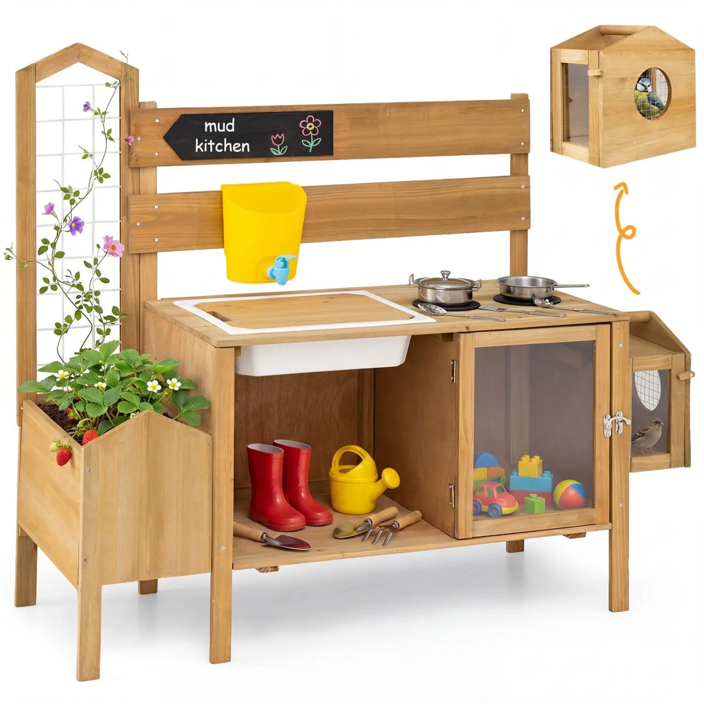 Wooden Mud Kitchen for Kids with Bird Cage