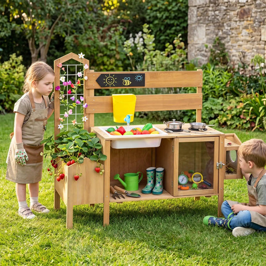 Wooden Mud Kitchen for Kids with Bird Cage