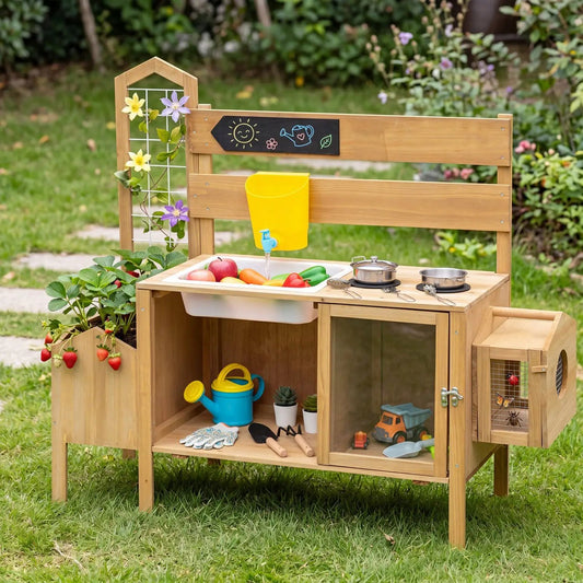 Wooden mud kitchen play set with detachable bird cage, sink, and stove by DirectDeals on Tampa Home & Garden Store