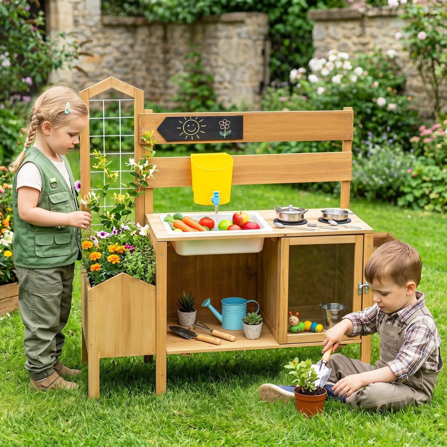 Wooden Mud Kitchen for Kids with Bird Cage