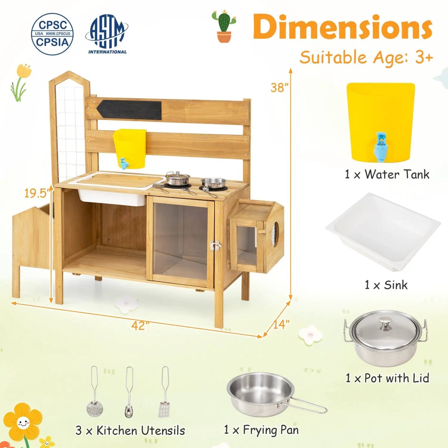 Wooden Mud Kitchen for Kids with Bird Cage