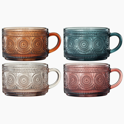 Tonal Hobnail Glass Mugs and Gold Spoons Set of 4