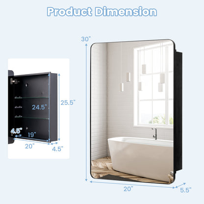 Armario de espejo multifuncional de 20 x 30 pulgadas con estantes ajustables - Negro