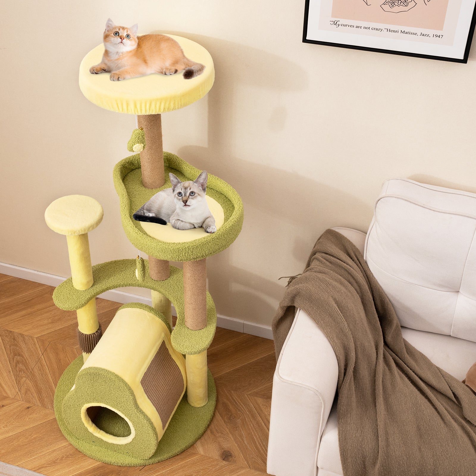 GemGear cat tree with yellow and lime plush platforms and sisal posts, two kittens on levels on Tampa Home & Garden Store