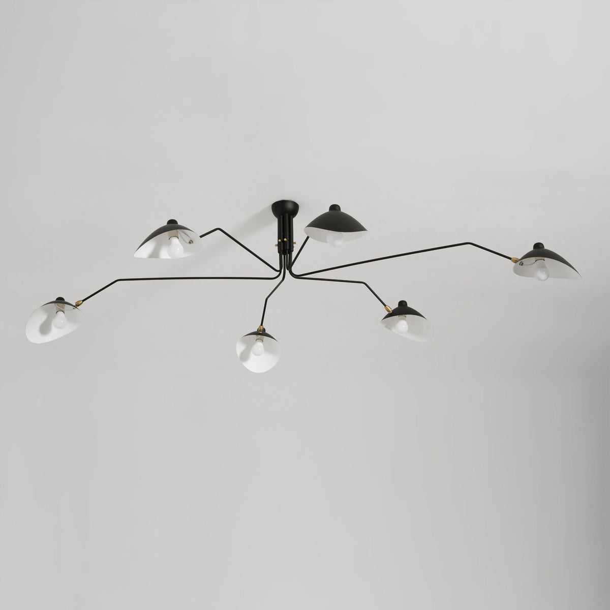 Arachnia suspended multi-arm ceiling light with rotating black metal arms and white shade bowls on Tampa Home & Garden Store