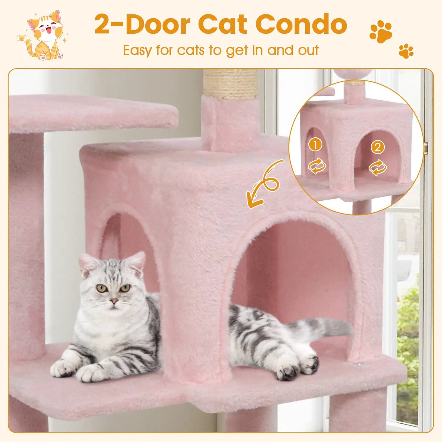 Multi-Level Cat Tower with 2-Door Condo and Perch