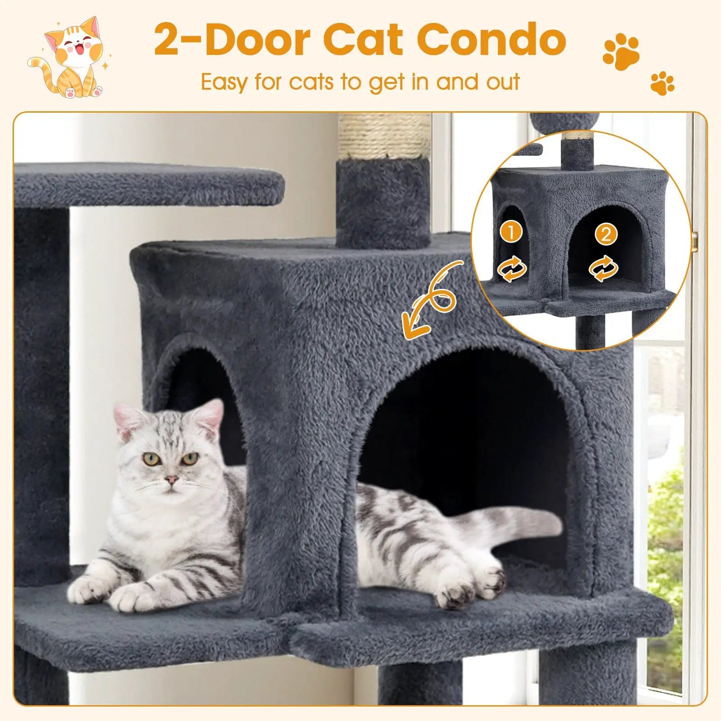 Multi-Level Cat Tower with 2-Door Condo and Perch
