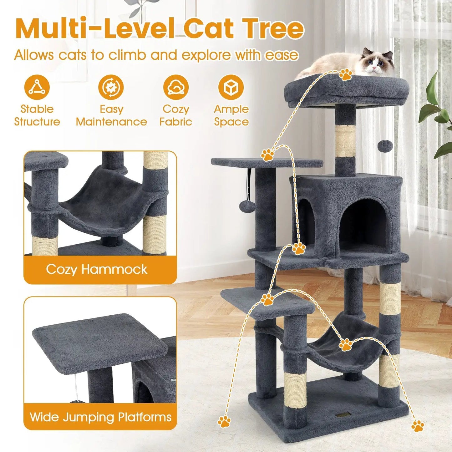 Multi-Level Cat Tower with 2-Door Condo and Perch