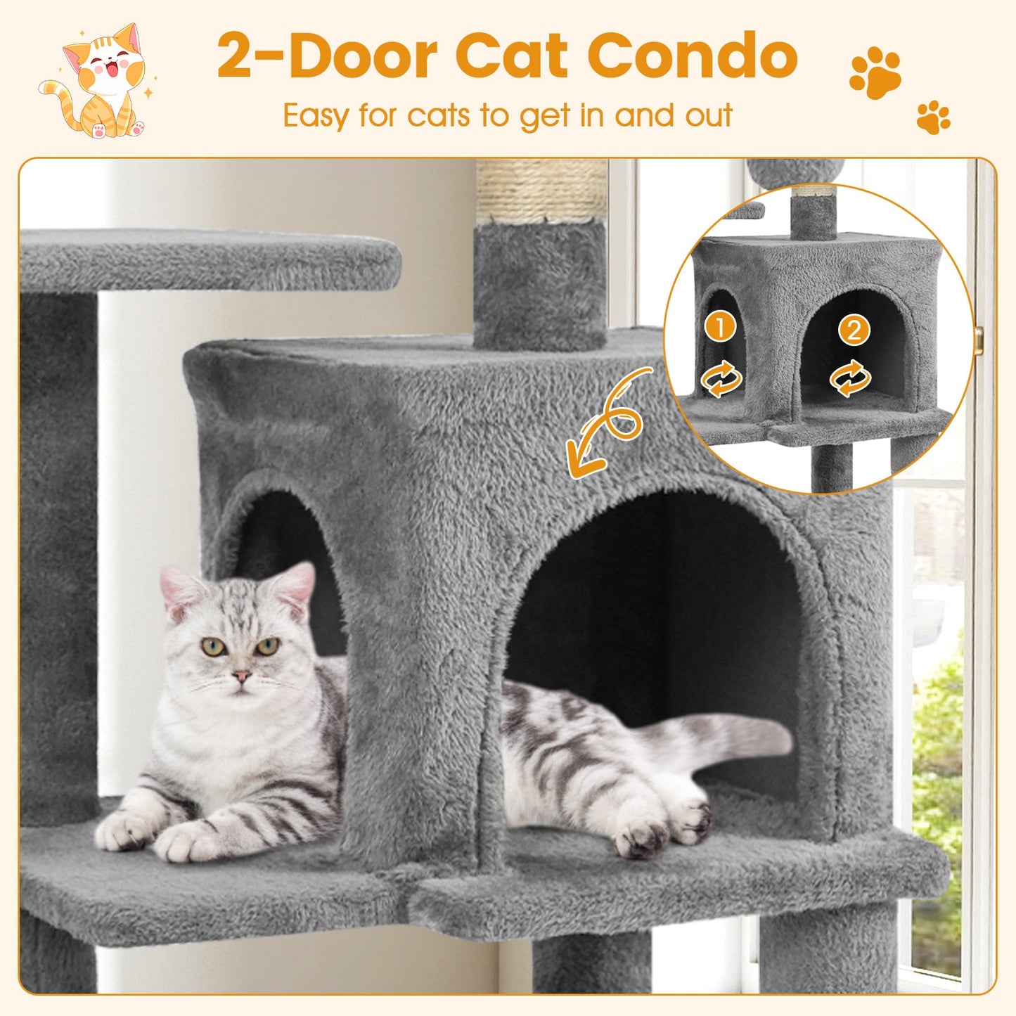 Multi-Level Cat Tower with 2-Door Condo and Perch