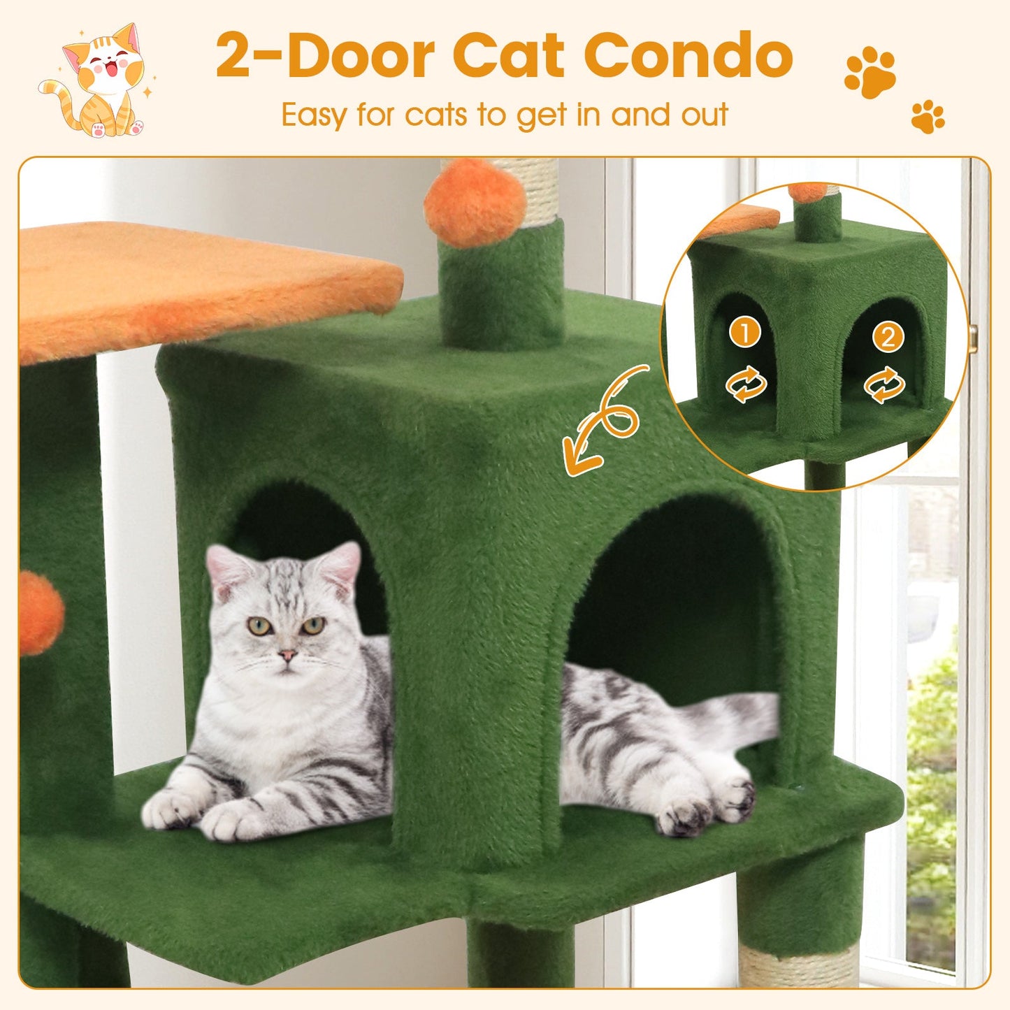 Multi-Level Cat Tower with 2-Door Condo and Perch