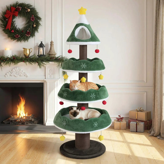 DirectDeals Christmas Cat Tree with 3 green plush platforms and top perch, cat on bottom tier on Tampa Home & Garden Store