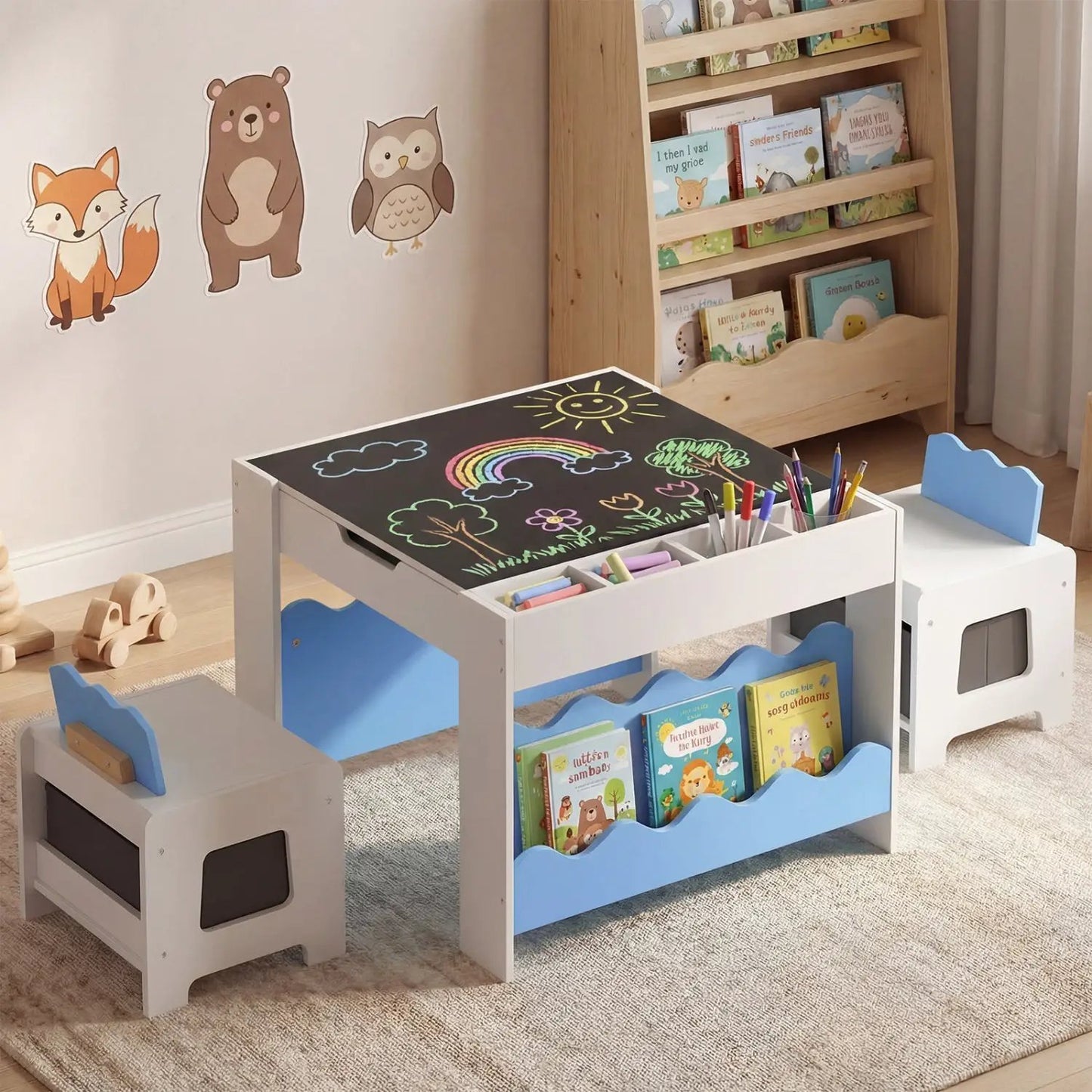 Kids Table and Chairs Set with Double-Sided Top