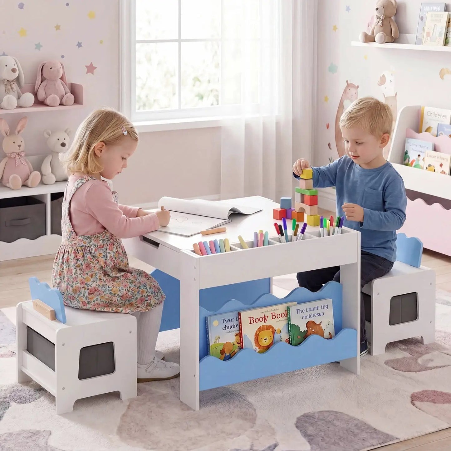 Kids Table and Chairs Set with Double-Sided Top