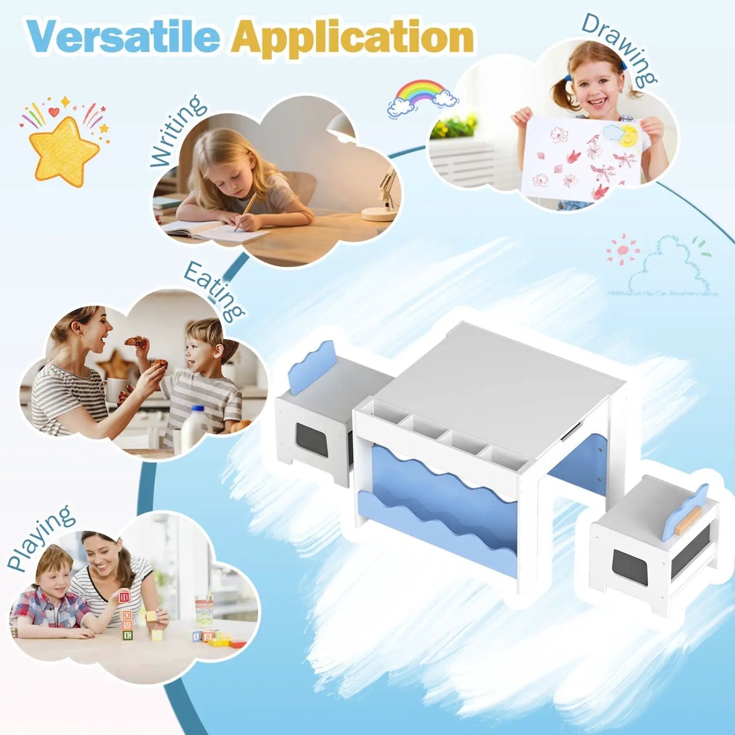 Kids Table and Chairs Set with Double-Sided Top