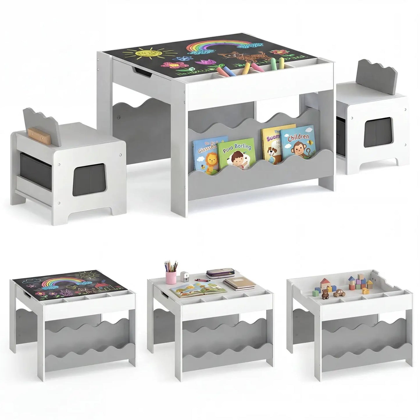 Kids Table and Chairs Set with Double-Sided Top