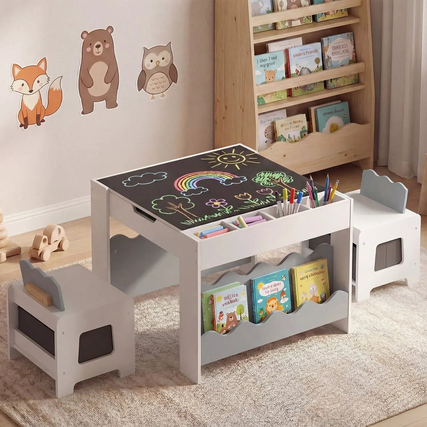 Kids Table and Chairs Set with Double-Sided Top