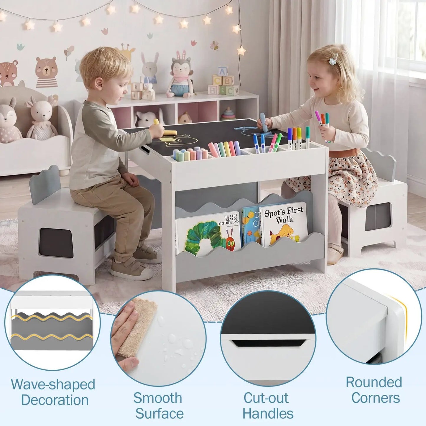 Kids Table and Chairs Set with Double-Sided Top
