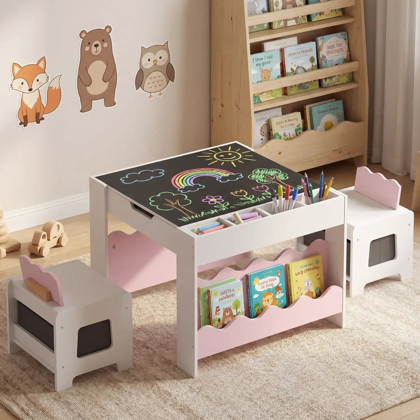 Kids Table and Chairs Set with Double-Sided Top