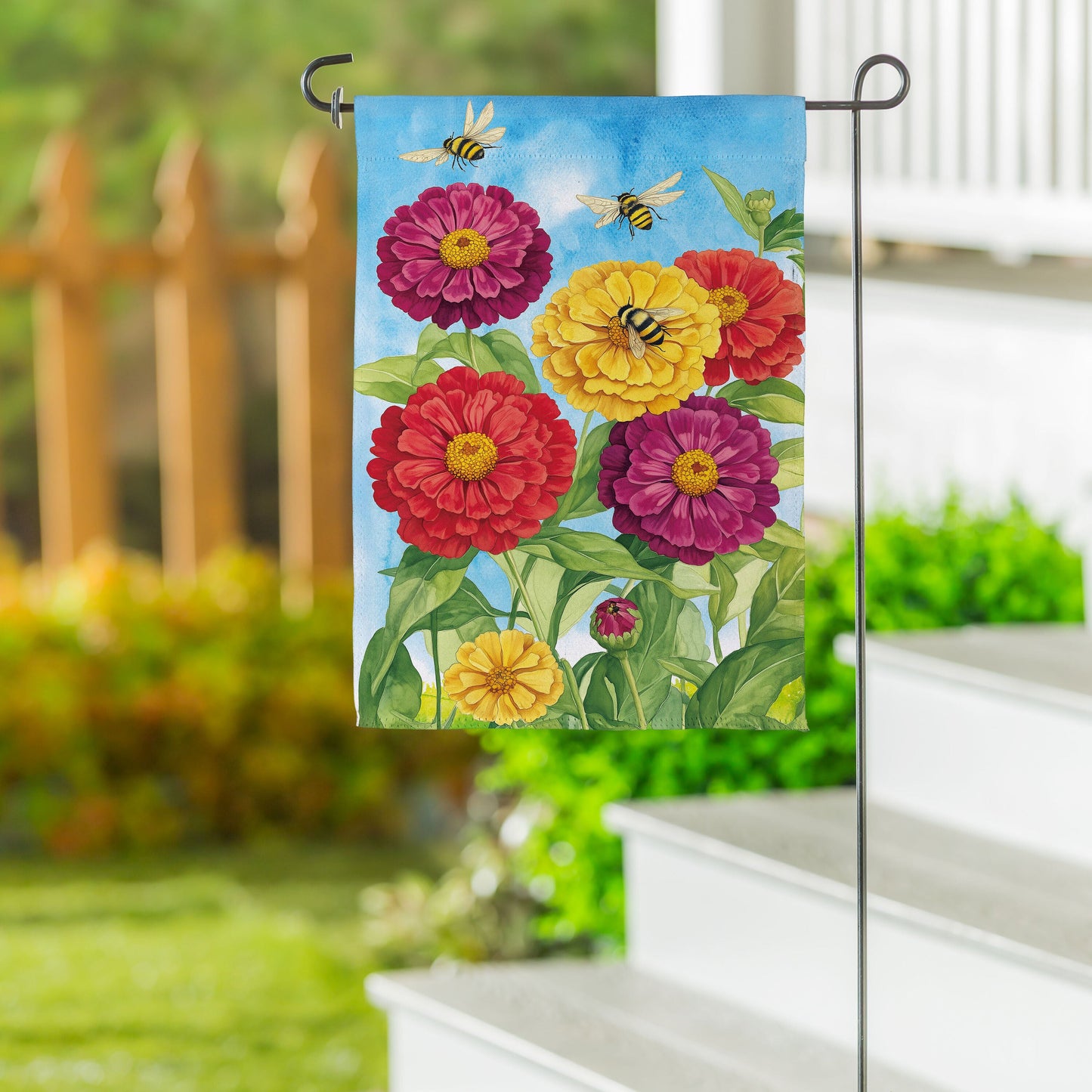 Multicolor Zinnias & Bees Suede Garden Flag - Tampa Home & Garden Store