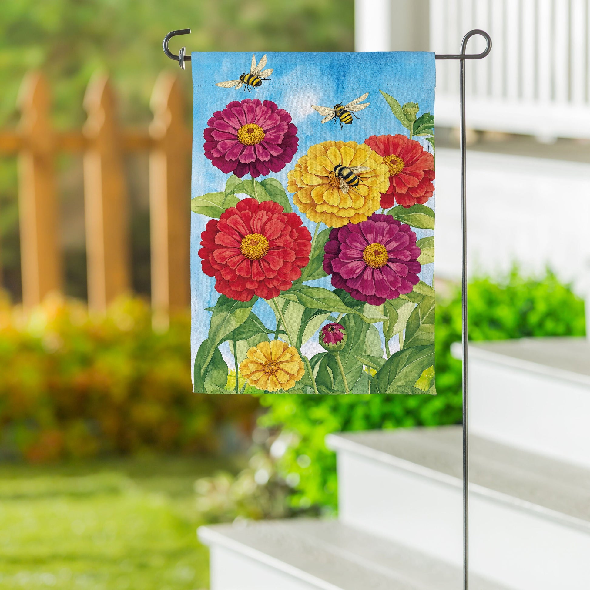 Multicolor Zinnias & Bees Suede Garden Flag - Tampa Home & Garden Store