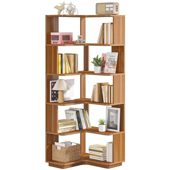 Multifunctional 6 Shelf Corner L-Shaped Bookcase in Brown Wood Finish - Tampa Home & Garden Store