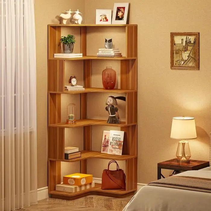 Multifunctional 6 Shelf Corner L-Shaped Bookcase in Brown Wood Finish - Tampa Home & Garden Store