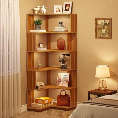 Multifunctional 6 Shelf Corner L-Shaped Bookcase in Brown Wood Finish - Tampa Home & Garden Store