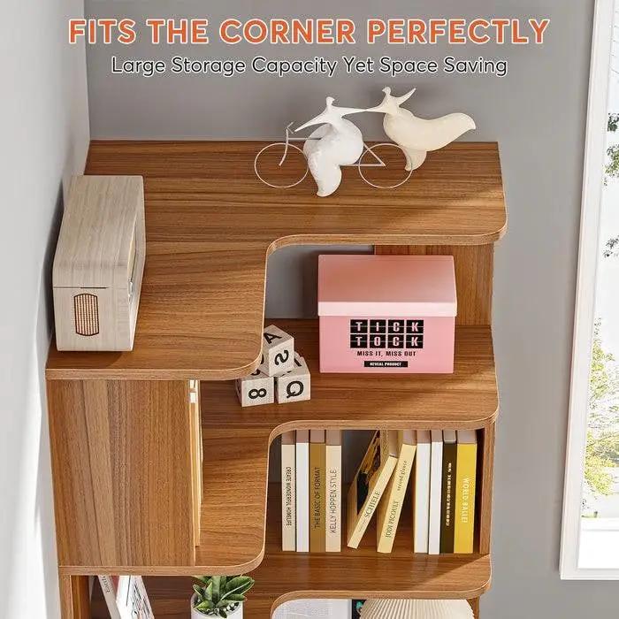 Multifunctional 6 Shelf Corner L-Shaped Bookcase in Brown Wood Finish - Tampa Home & Garden Store