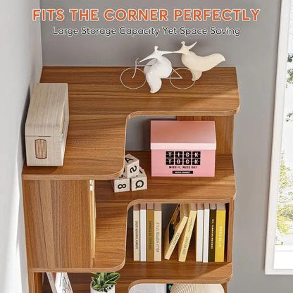 Multifunctional 6 Shelf Corner L-Shaped Bookcase in Brown Wood Finish - Tampa Home & Garden Store