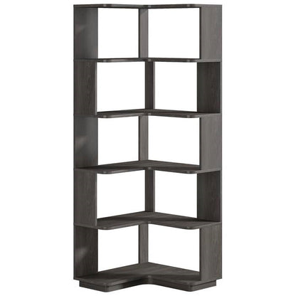 Multifunctional 6 Shelf Corner L-Shaped Bookcase in Dark Grey Wood Finish - Tampa Home & Garden Store