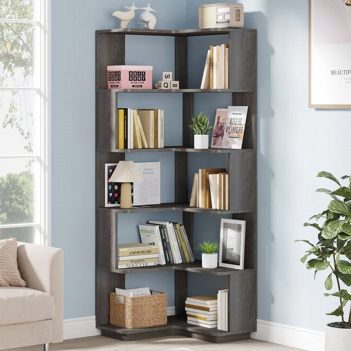 Multifunctional 6 Shelf Corner L-Shaped Bookcase in Dark Grey Wood Finish - Tampa Home & Garden Store