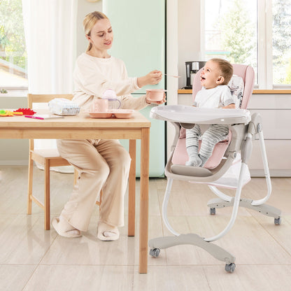 Multifunctional Folding Baby High Chair with Rolling Wheels and Adjustable Height