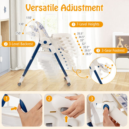 Multifunctional Folding Baby High Chair with Rolling Wheels and Adjustable Height