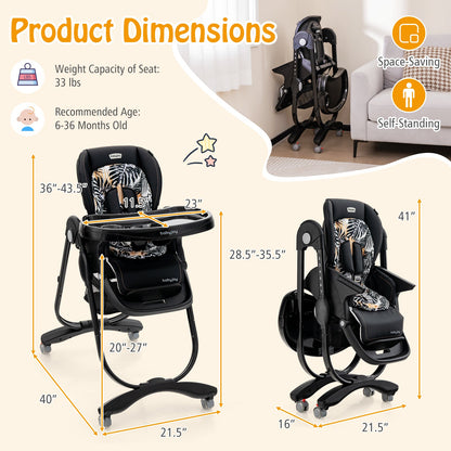 Multifunctional Folding Baby High Chair with Rolling Wheels and Adjustable Height