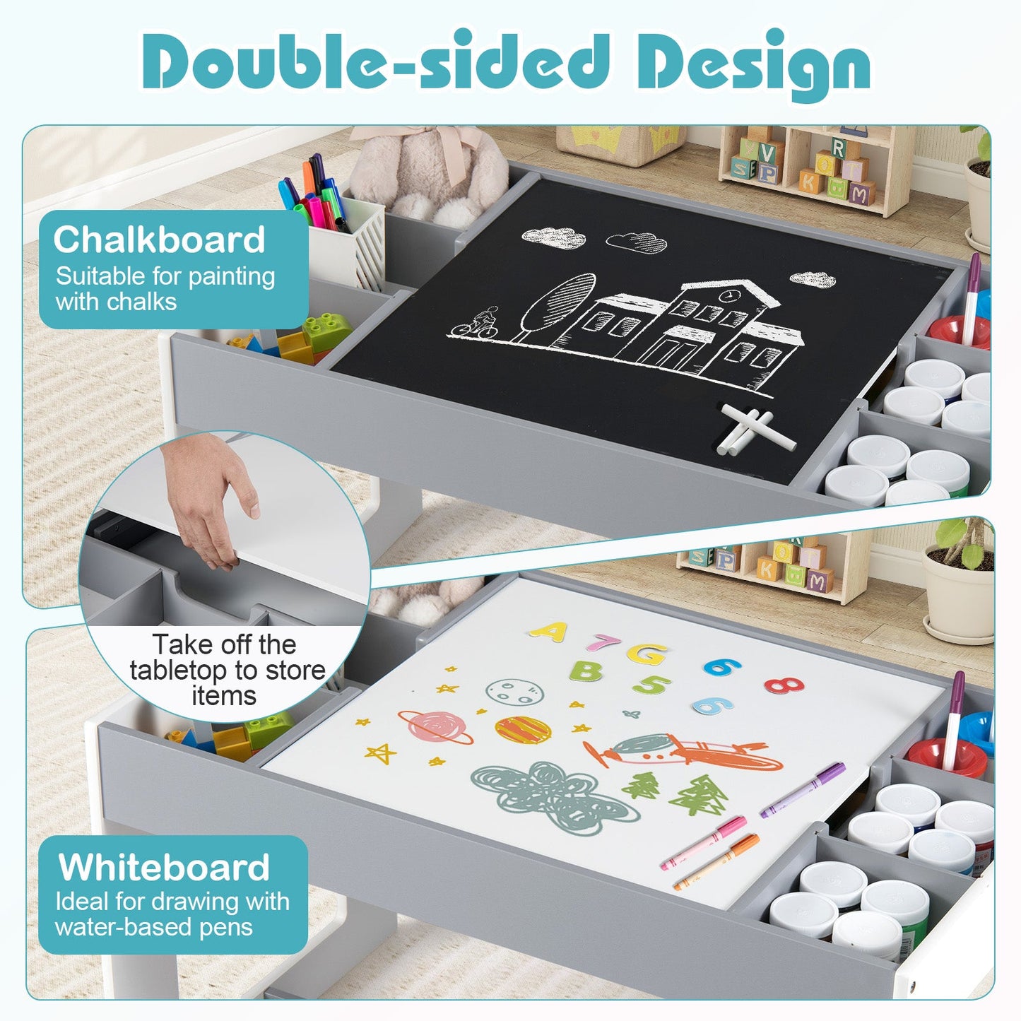 Multifunctional Kids Table and 2 Chairs Set with Chalkboard