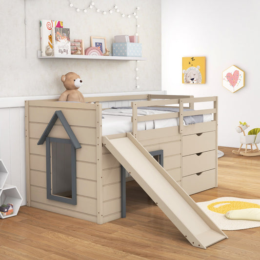 3-In-1 Twin Loft Bed with Slide Ladder Drawers for Kids Teens-Beige - Tampa Home & Garden Store