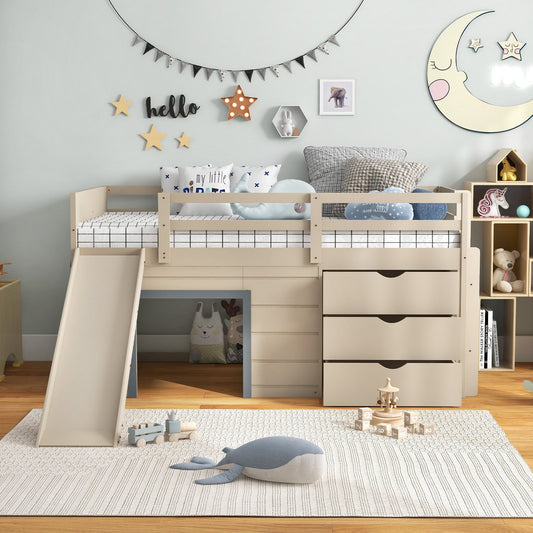 3-In-1 Twin Loft Bed with Slide Ladder Drawers for Kids Teens-Beige - Tampa Home & Garden Store