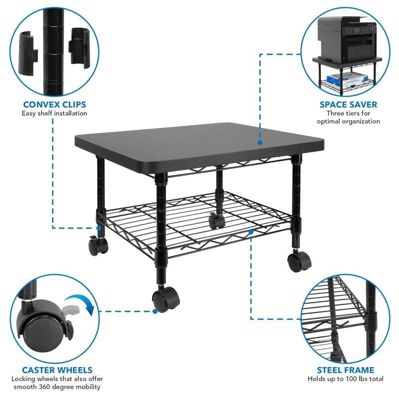 Multipurpose Black Metal 2-Tier Mobile Under Desk Printer Stand Cart w/ Casters - Tampa Home & Garden Store
