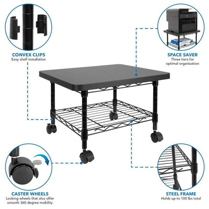 Multipurpose Black Metal 2-Tier Mobile Under Desk Printer Stand Cart w/ Casters - Tampa Home & Garden Store