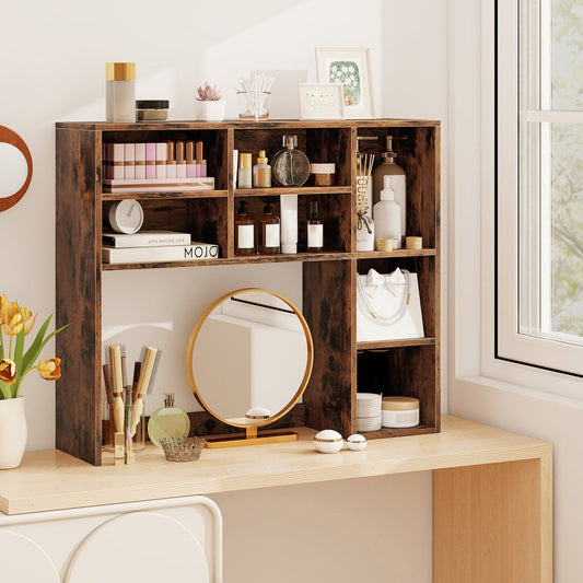 Desktop Bookshelf with 7 Open Cubbies and 3 Adjustable Shelves-Brown - Tampa Home & Garden Store