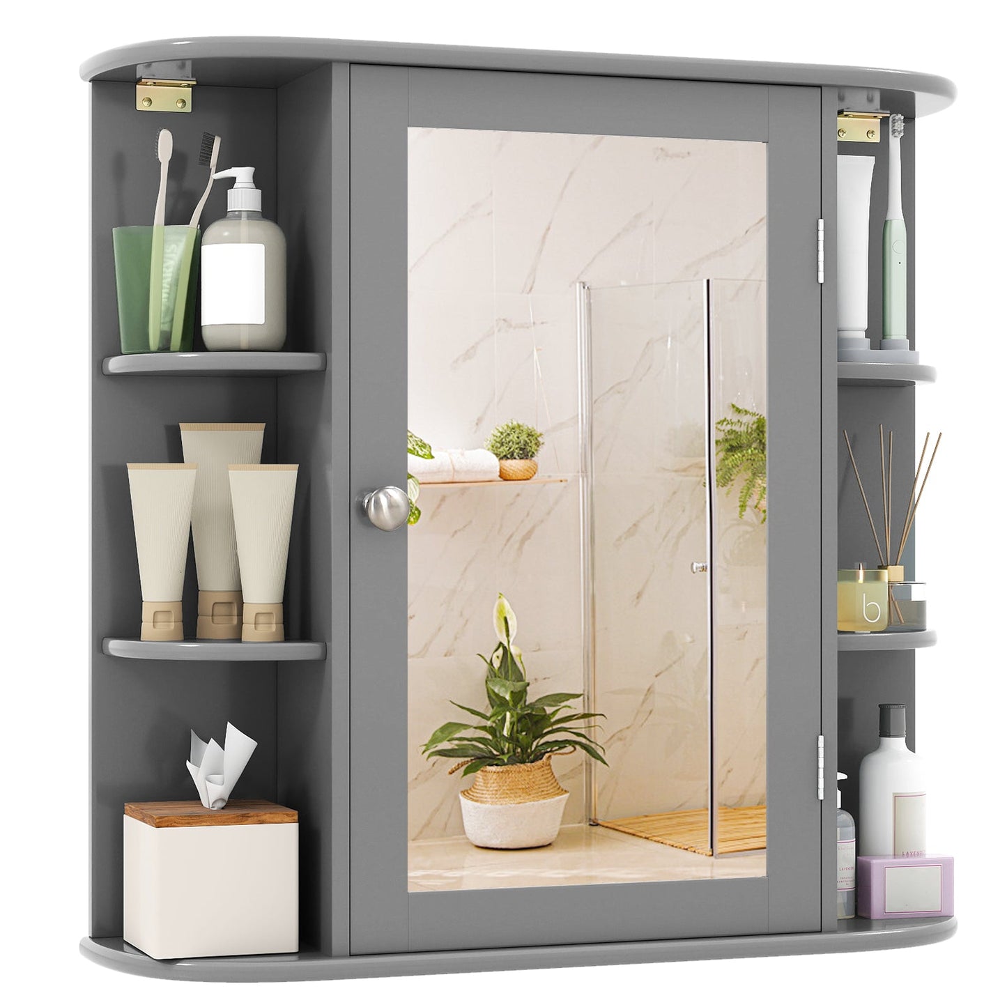 Wall-Mounted Bathroom Mirror Cabinet with Storage Shelves-Brown