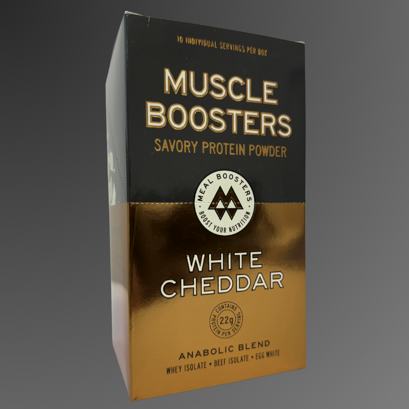 Meal Boosters Muscle Boosters White Cheddar protein powder box with grass-fed whey isolate, 10 packs on Tampa Home & Garden Store
