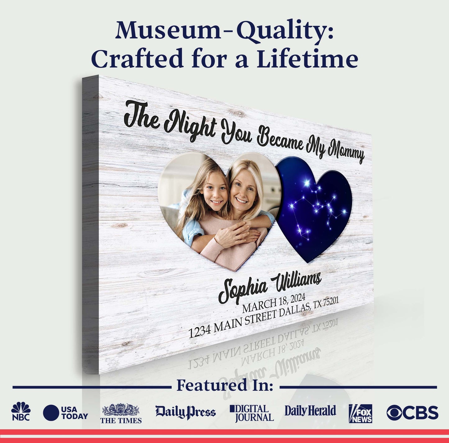 Canvas sign The Night You Became My Mommy by Tailored Canvases with a heart photo collage on Tampa Home & Garden Store