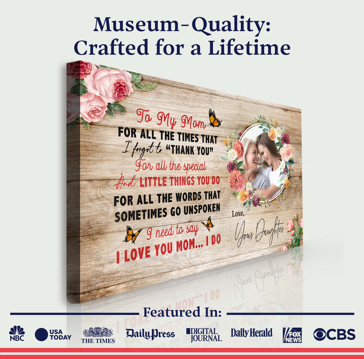 Mother's Day canvas sign with wood plank backdrop, pink roses and I Love You Mom message Tailored Canvases on Tampa Home & Garden Store