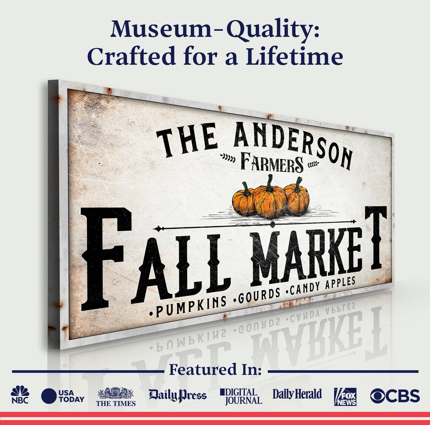 Farmers Fall Market Sign canvas with vintage black typography and pumpkins on a rustic frame on Tampa Home & Garden Store